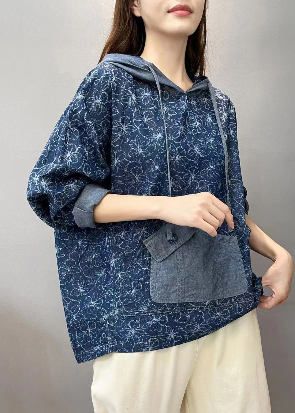 Denim Blue Patchwork Pullover Sweatshirt Hooded Fall