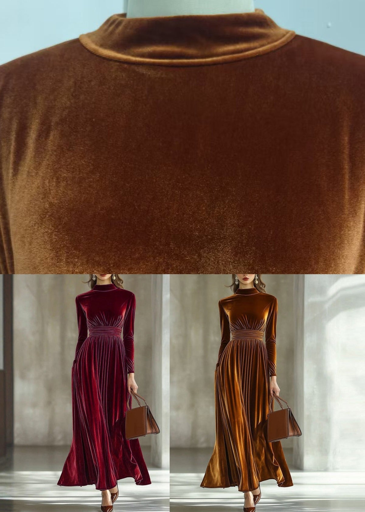 Dinner Caramel Stand Collar Patchwork Silk Velvet Long Dress Fall