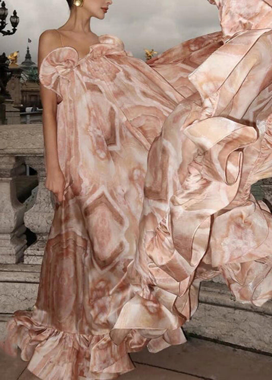 Rosa Maxikleid mit V-Ausschnitt, Rüschen und Patchwork-Muster, Sommer