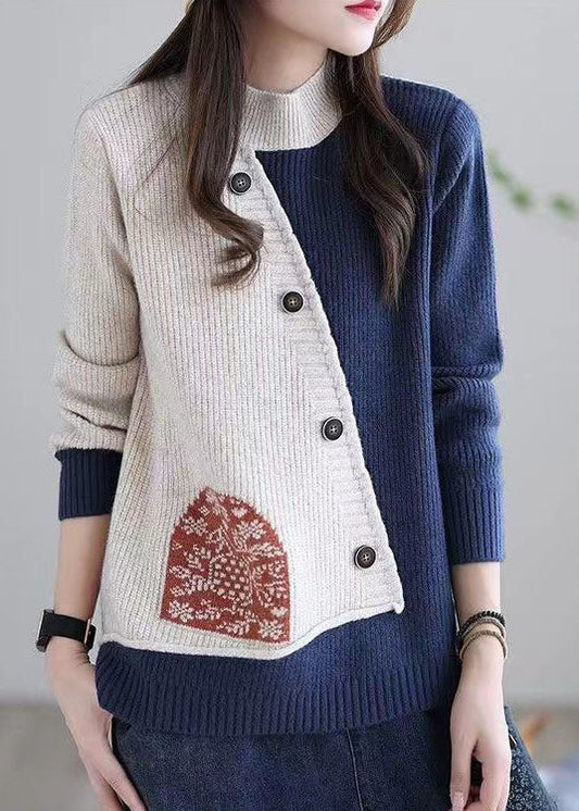 Diy Beige High Neck Oversized Patchwork Strickpullover Winter