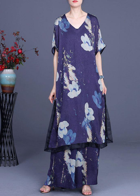 Diy Black Print Silk Side Open Wide Leg Two Pieces Set - SooLinen