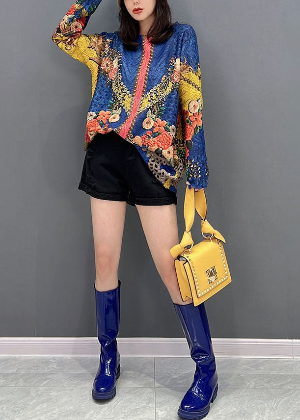 Diy Blau O-Ausschnitt Print Strickpullover Tops Winter