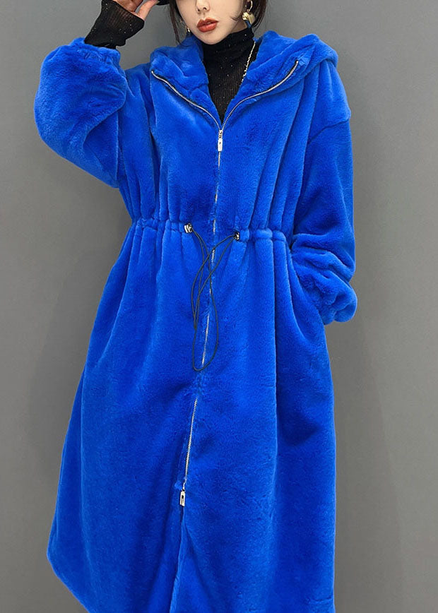 Diy Blau mit Reißverschluss Kapuze Kordelzug Fuzzy Fur Flauschige lange Mäntel Winter