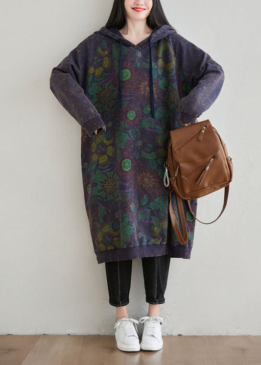 Diy Dunkelblau seitlich offen Kordelzug Kapuze Lose Sweatshirt Kleider Frühling