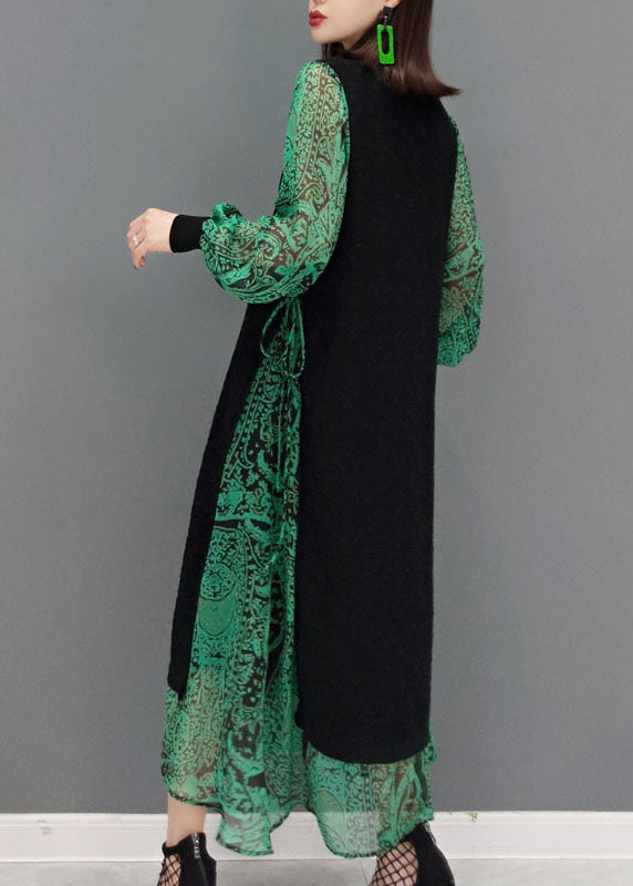 Diy Grün O-Ausschnitt Krawatte Taille Spitze Patchwork Strickkleid Frühling