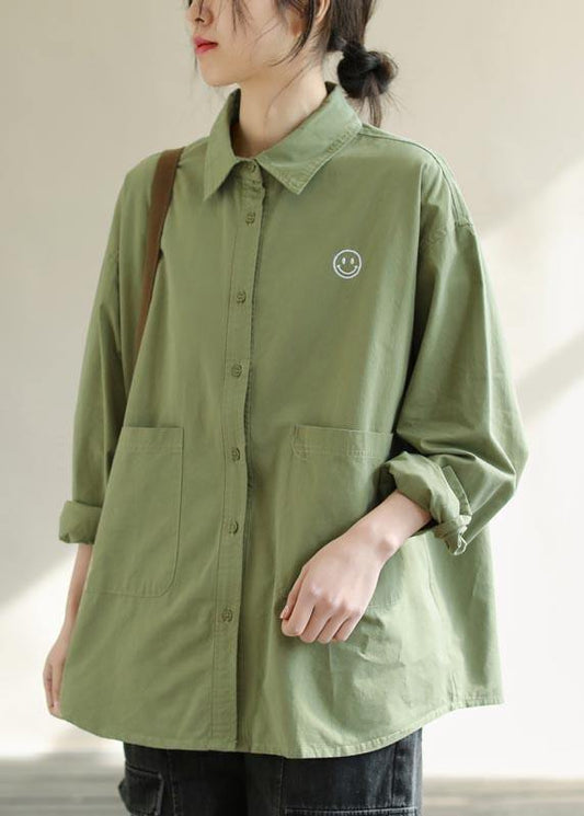 Diy Green Smiling Face Tunic Lapel Pockets Baggy Spring Shirts - SooLinen