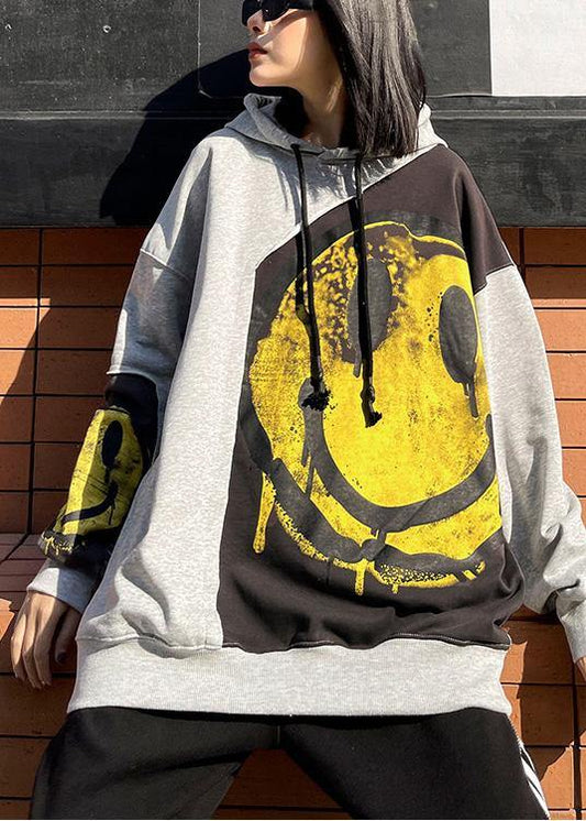 Diy Hooded Patchwork Spring Clothes For Women Shirts Gray Print Tops - SooLinen