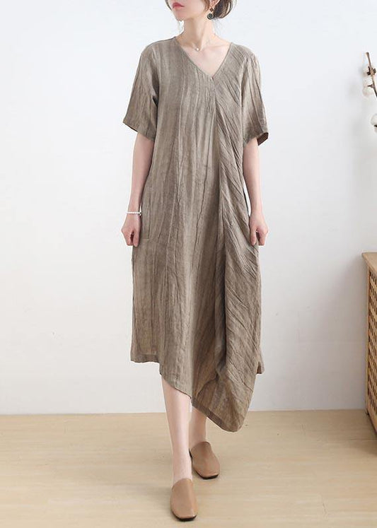 Diy Khaki asymmetrical design V Neck Long Summer Linen Dress - SooLinen
