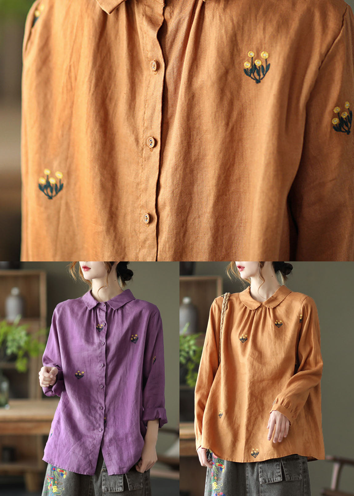 Diy Orange Wrinkled Embroideried Patchwork Leinen Shirts Langarm