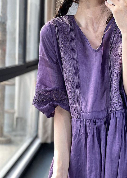 Diy Lila V-Ausschnitt Geraffte Spitze Patchwork Extra Großer Saum Baumwollkleider Laternenärmel