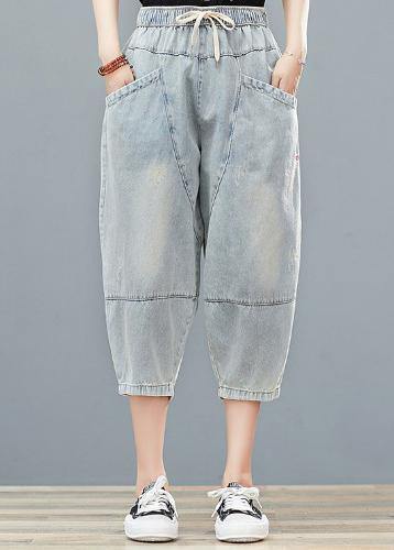 Drawstring personality pocket washed jeans plus size women's elasticated waist cropped pants - SooLinen