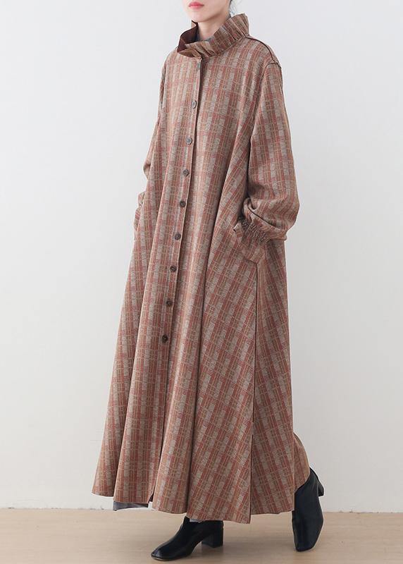 Elegant casual medium length jackets jacket pink plaid stand collar Button Down wool overcoat - SooLinen