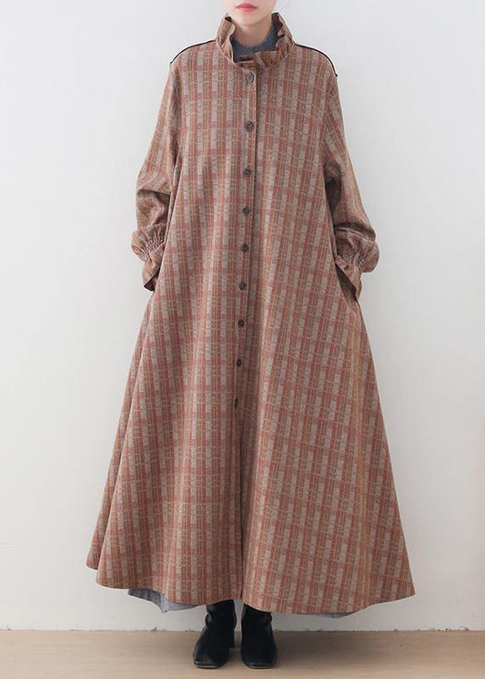 Elegant casual medium length jackets jacket pink plaid stand collar Button Down wool overcoat - SooLinen