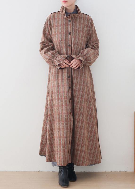 Elegant casual medium length jackets jacket pink plaid stand collar Button Down wool overcoat - SooLinen
