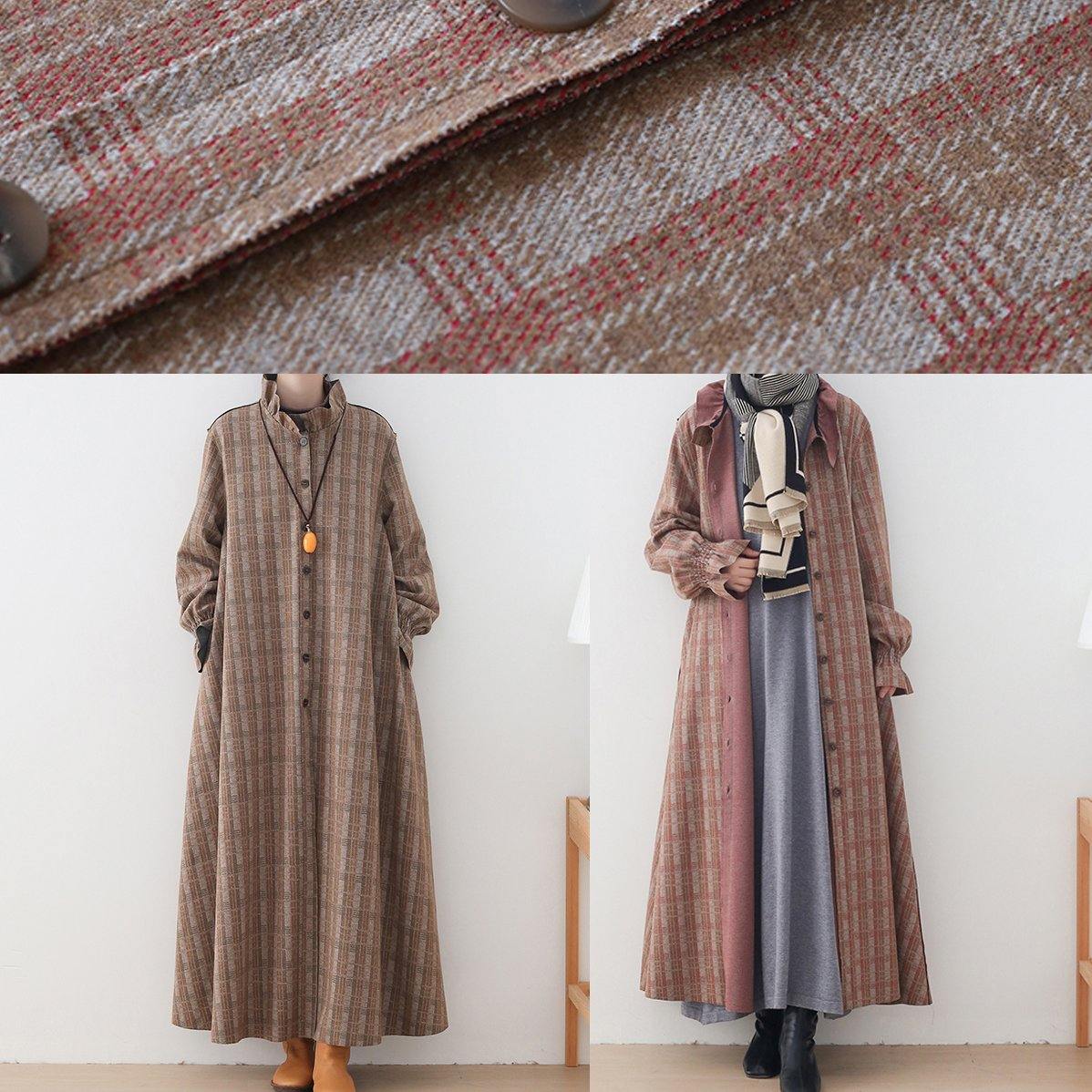 Elegant casual medium length jackets jacket pink plaid stand collar Button Down wool overcoat - SooLinen