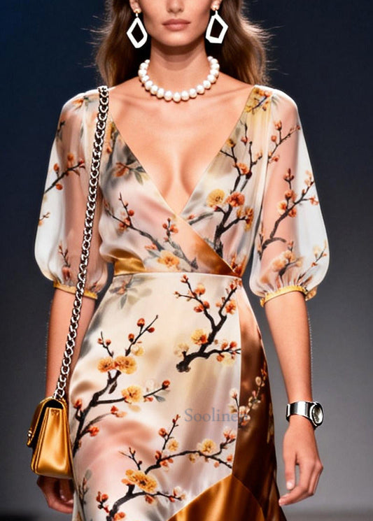 Elegant Apricot Asymmetrical Patchwork Print Chiffon Vacation Dresses Summer