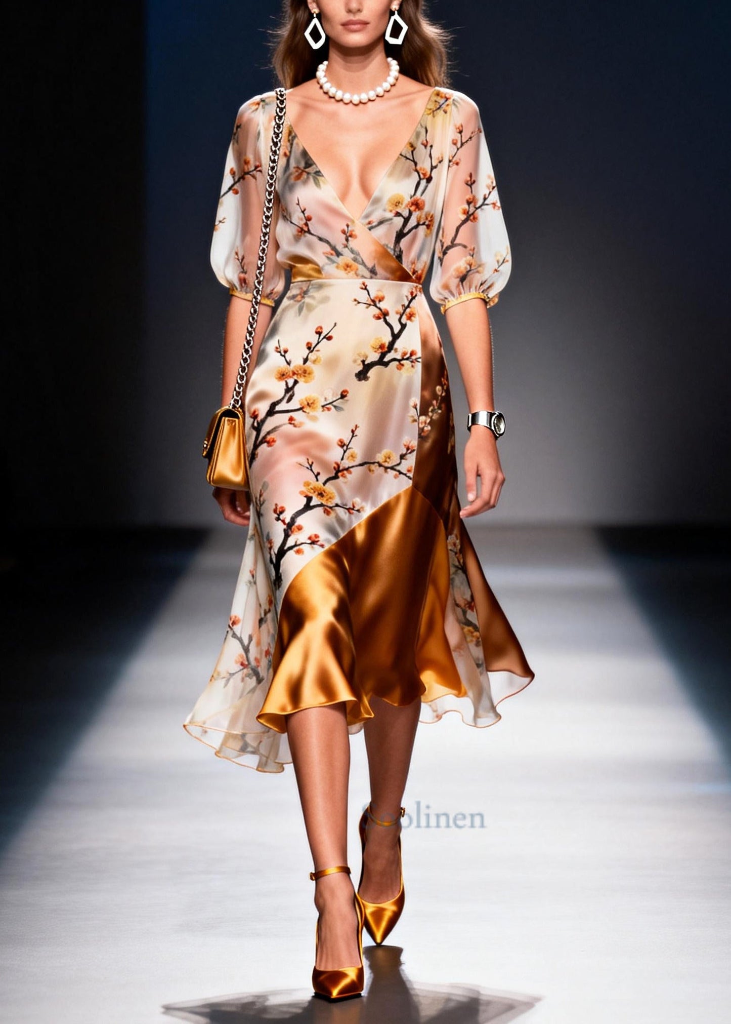 Elegant Apricot Asymmetrical Patchwork Print Chiffon Vacation Dresses Summer