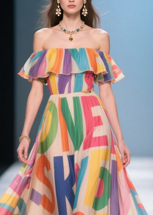 Elegant Apricot Cold Shoulder Print Silk Vacation Dress Summer