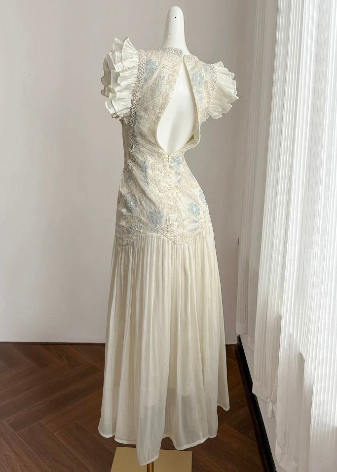 Elegant Apricot Embroidered Wrinkled Patchwork Long Dress Summer