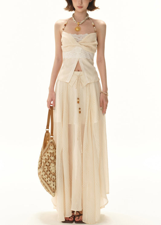 Elegant Apricot Lace Tops And Skirts Patchwork Two Pieces Set Sleeveless