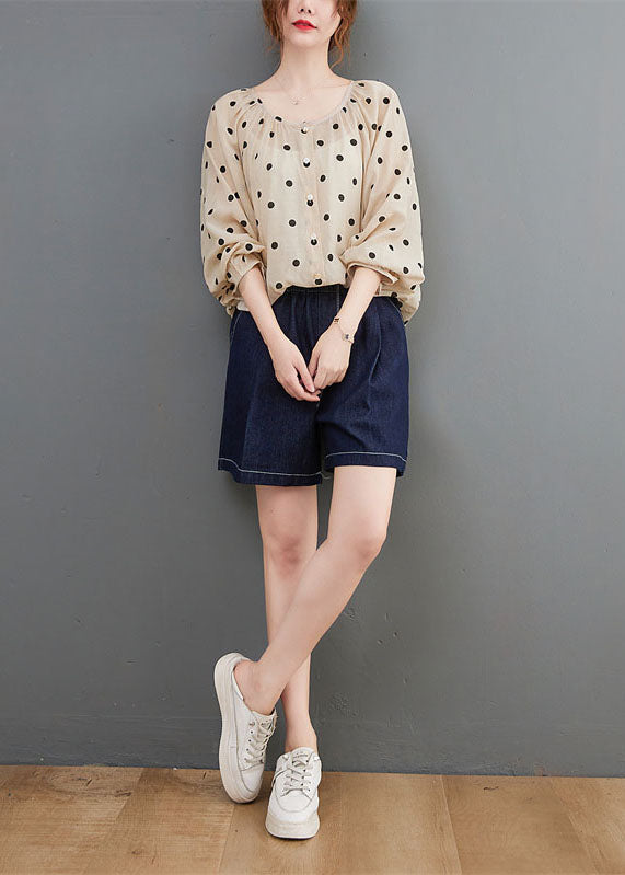 Elegant Apricot Loose Button Print Fall Dot Long sleeve Tops