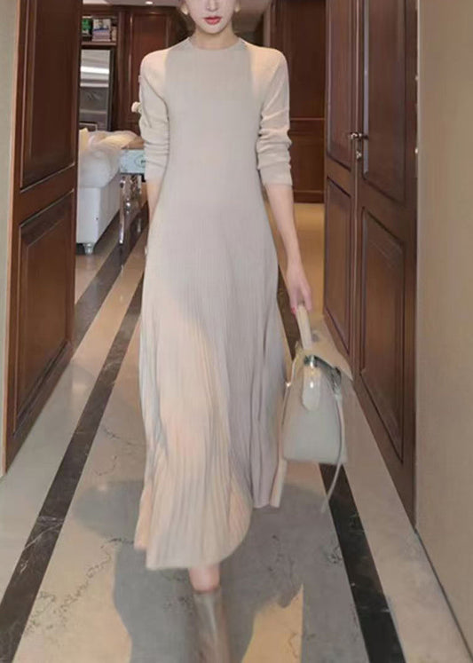 Elegant Apricot O Neck Knit Long Sweater Winter