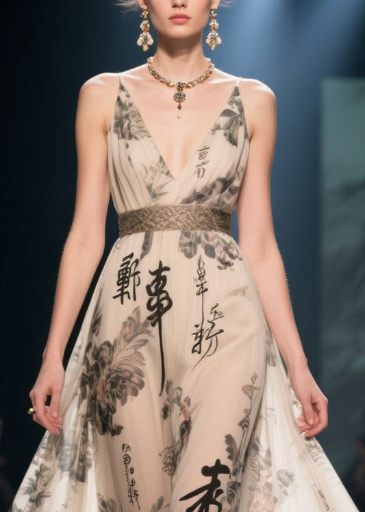 Elegant Apricot Print Exra Large Hem Chiffon Tunic Dress Summer