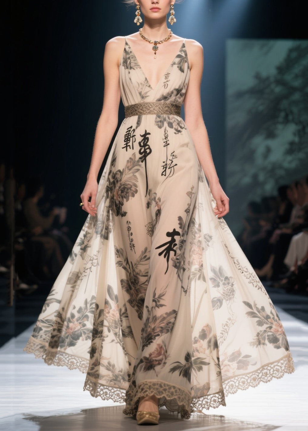 Elegant Apricot Print Exra Large Hem Chiffon Tunic Dress Summer