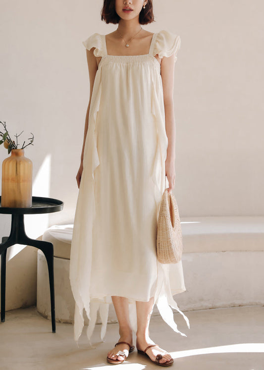 Elegante Apricot Square Kragen Solide Seide Kleider Sommer