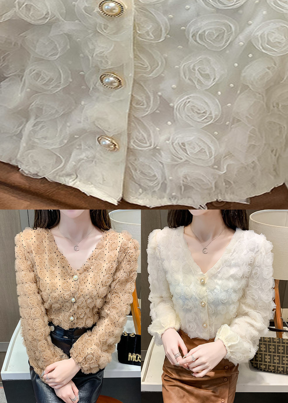 Elegant Apricot V Neck Floral Patchwork Tops Long sleeve