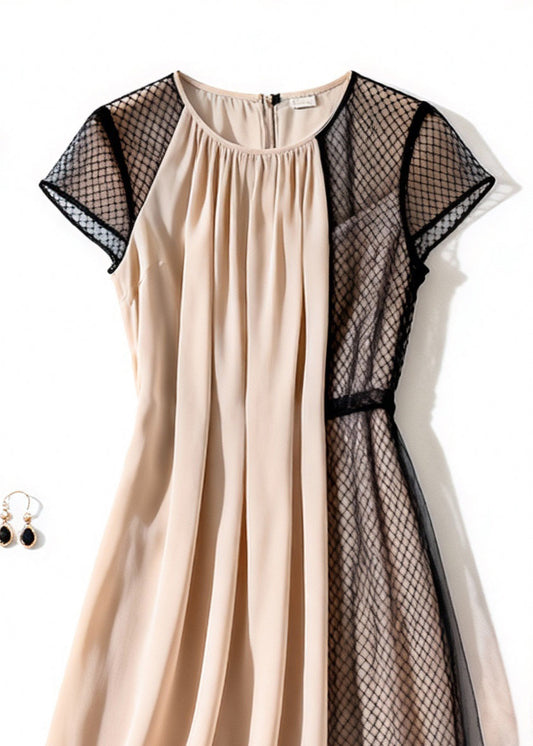 Elegant Apricot Wrinkled Tulle Patchwork Dress Summer