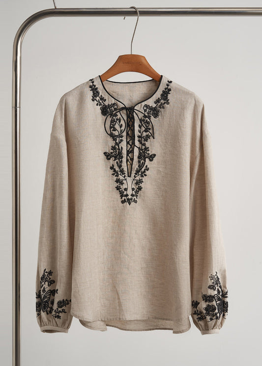 Elegantes beiges, besticktes Leinen-Set für Damen, 2-teilig, Frühling