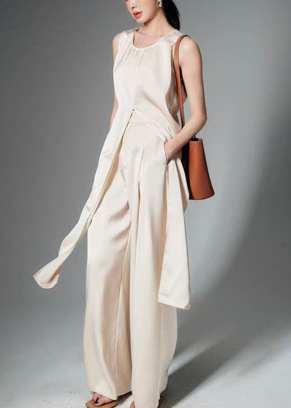 Elegant Beige Front Open Tops And Pants Silk Two Pieces Set Sleeveless