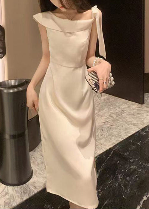 Elegante Beige Schnürung Seitlich Offene Baumwollkleider Sommer