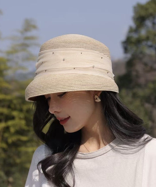 Elegant Beige Tulle Zircon Straw Woven Bucket Hat