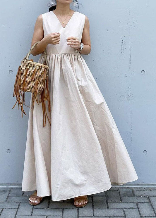 Elegantes beiges, ärmelloses Urlaubskleid aus Baumwolle mit V-Ausschnitt und Patchwork