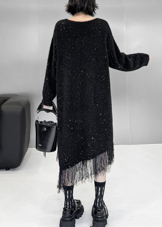 Elegant Black Asymmetrical Tulle Patchwork Sequins Cotton Knit Sweater Dress Fall