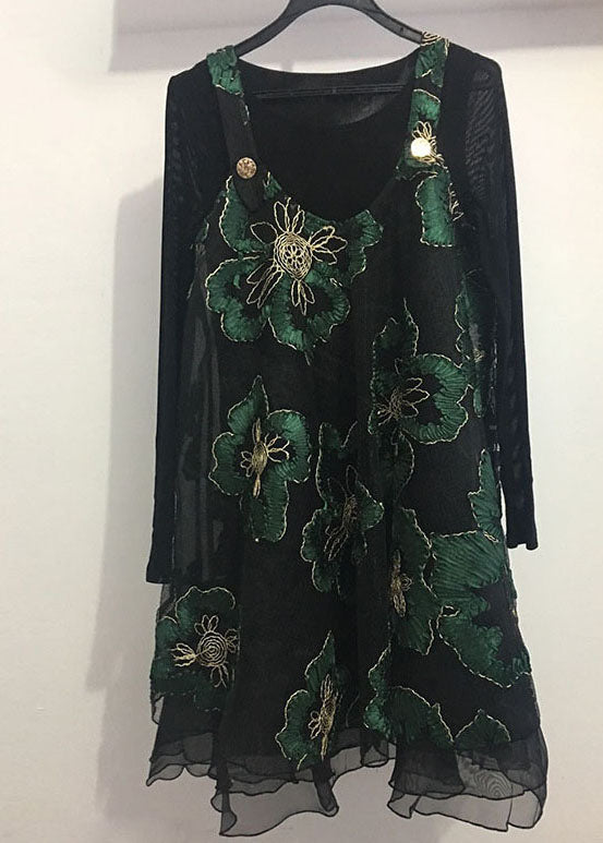 Elegantes schwarzes Unterhemd + besticktes Printkleid, zweiteiliges Herbst-Set