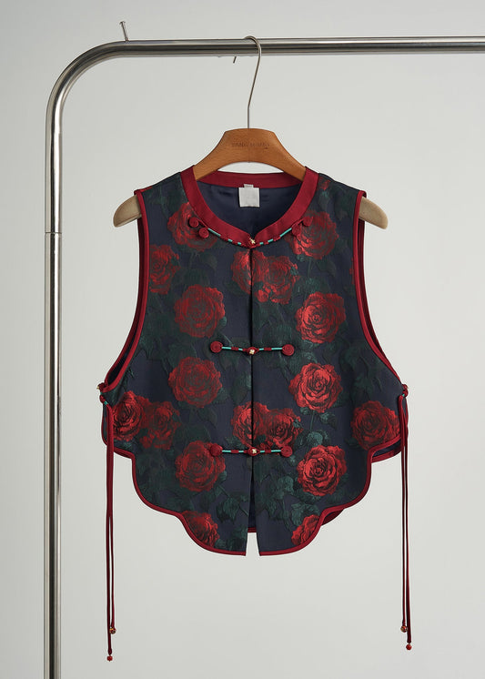 Elegant Black Chinese Button Floral Jacquard Silk Vests Fall