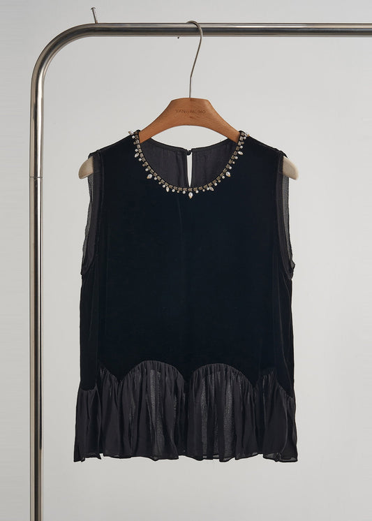 Elegant Black Nail Bead Patchwork Silk Velour Vests Fall