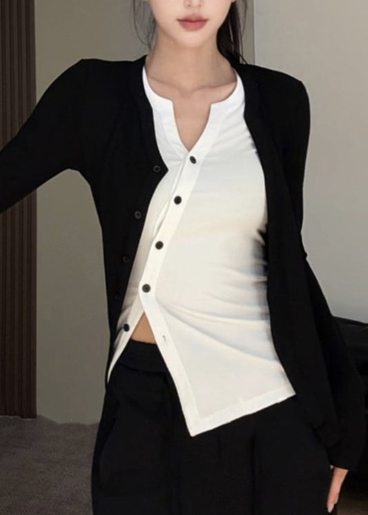 Elegant Black O-Neck Asymmetrical Top Fake Two Pieces Fall