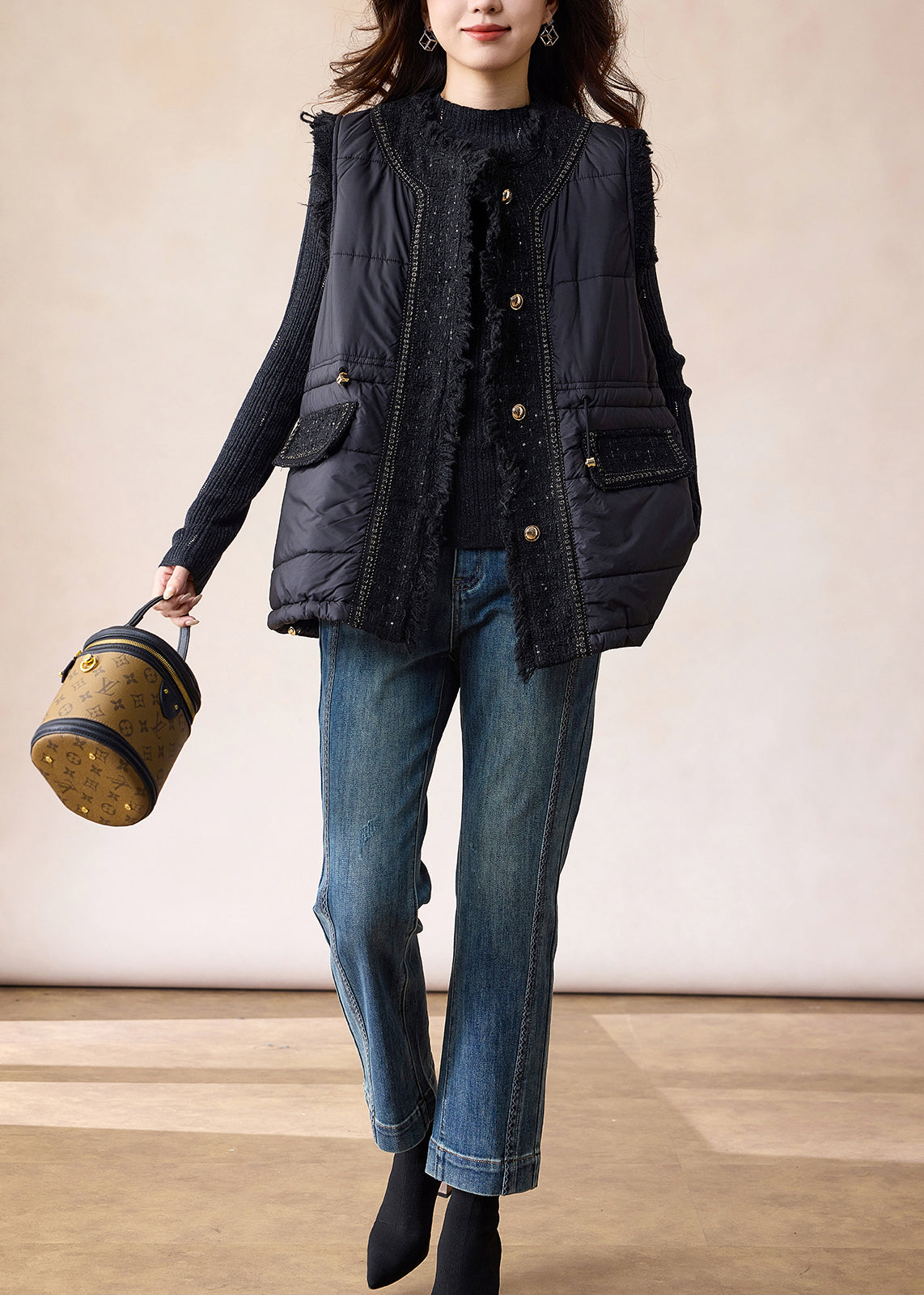 Elegante schwarze Patchwork-Westen aus feiner Baumwolle, gefüllt mit Baumwolle, Winter