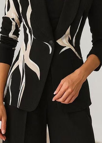 Elegant Black Peter Pan Collar Print Blazer Jackets Coat Fall