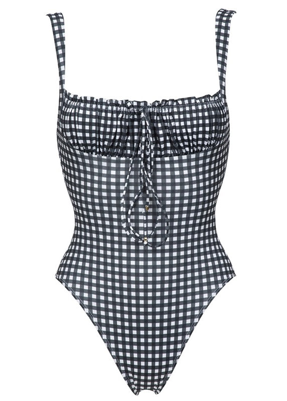 Elegant Black Plaid Square Collar Drawstring Bodysuit