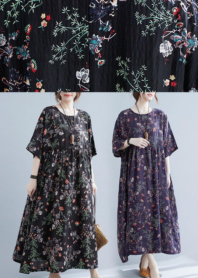 Elegant Black Print O-Neck Patchwork Summer Robe Dresses Half Sleeve - SooLinen