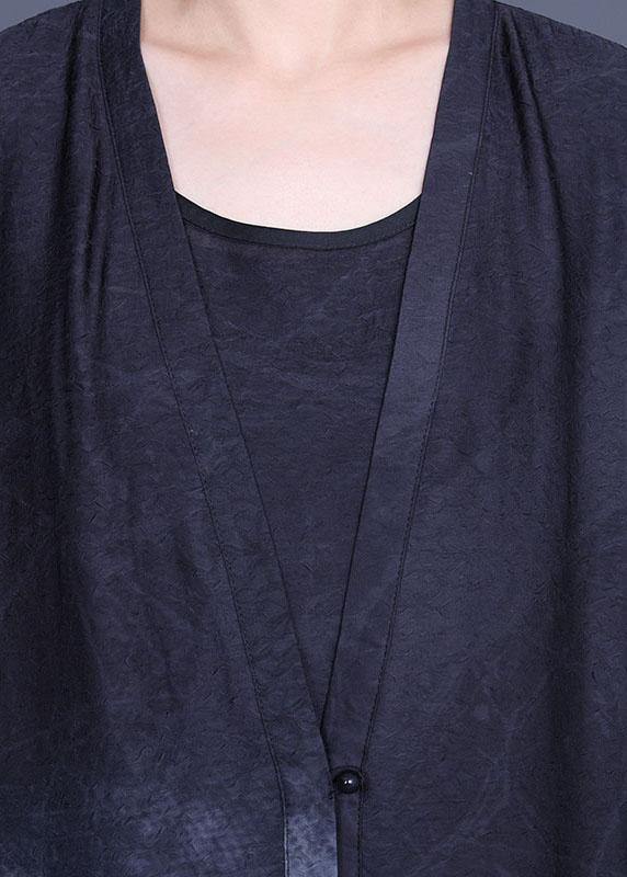 Elegant Black Print Silk Cardigans Braces Skirt Two Pieces Set - SooLinen