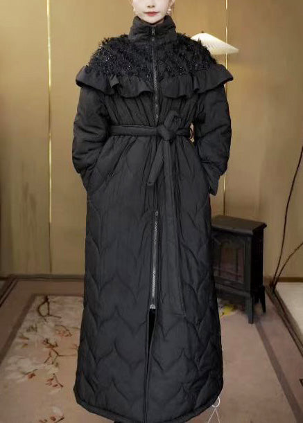 Eleganter schwarzer Parka mit Stehkragen, Rüschen und feiner Baumwollfüllung für den Winter