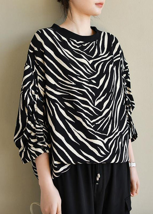 Elegant Black Striped Striped Spring Blouses - SooLinen
