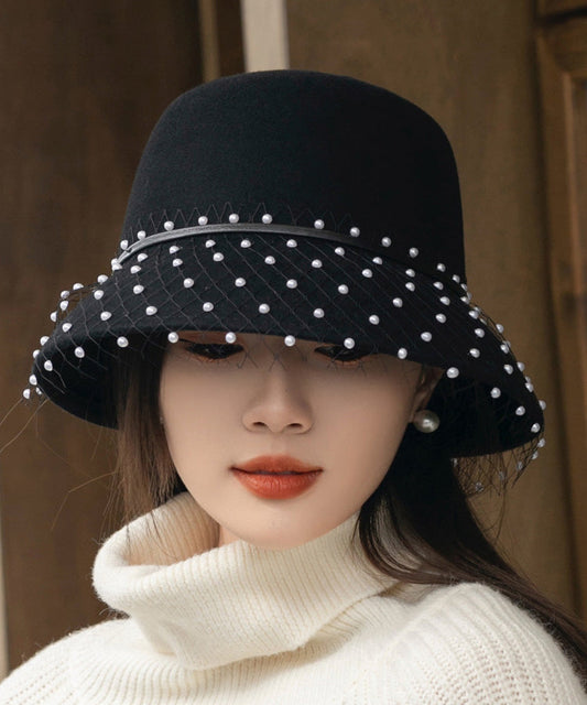 Elegant Black Tulle Nail Bead Woolen Bucket Hat
