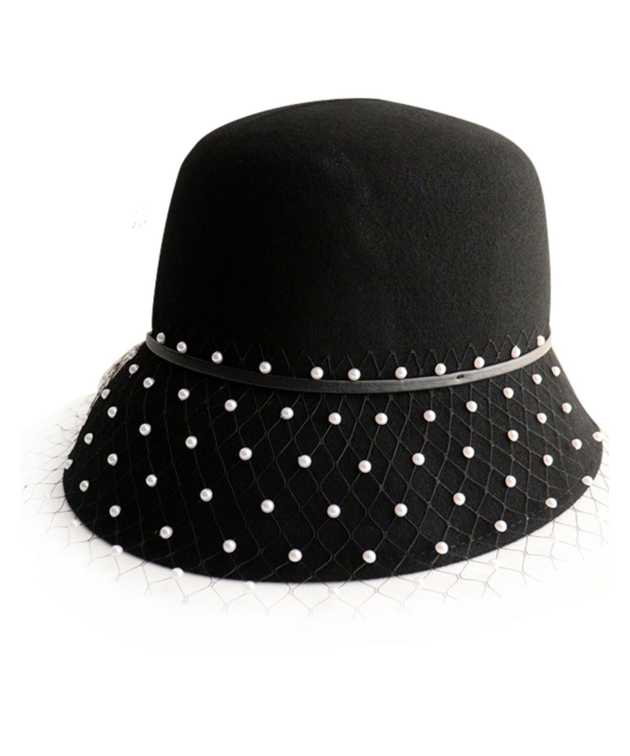 Elegant Black Tulle Nail Bead Woolen Bucket Hat